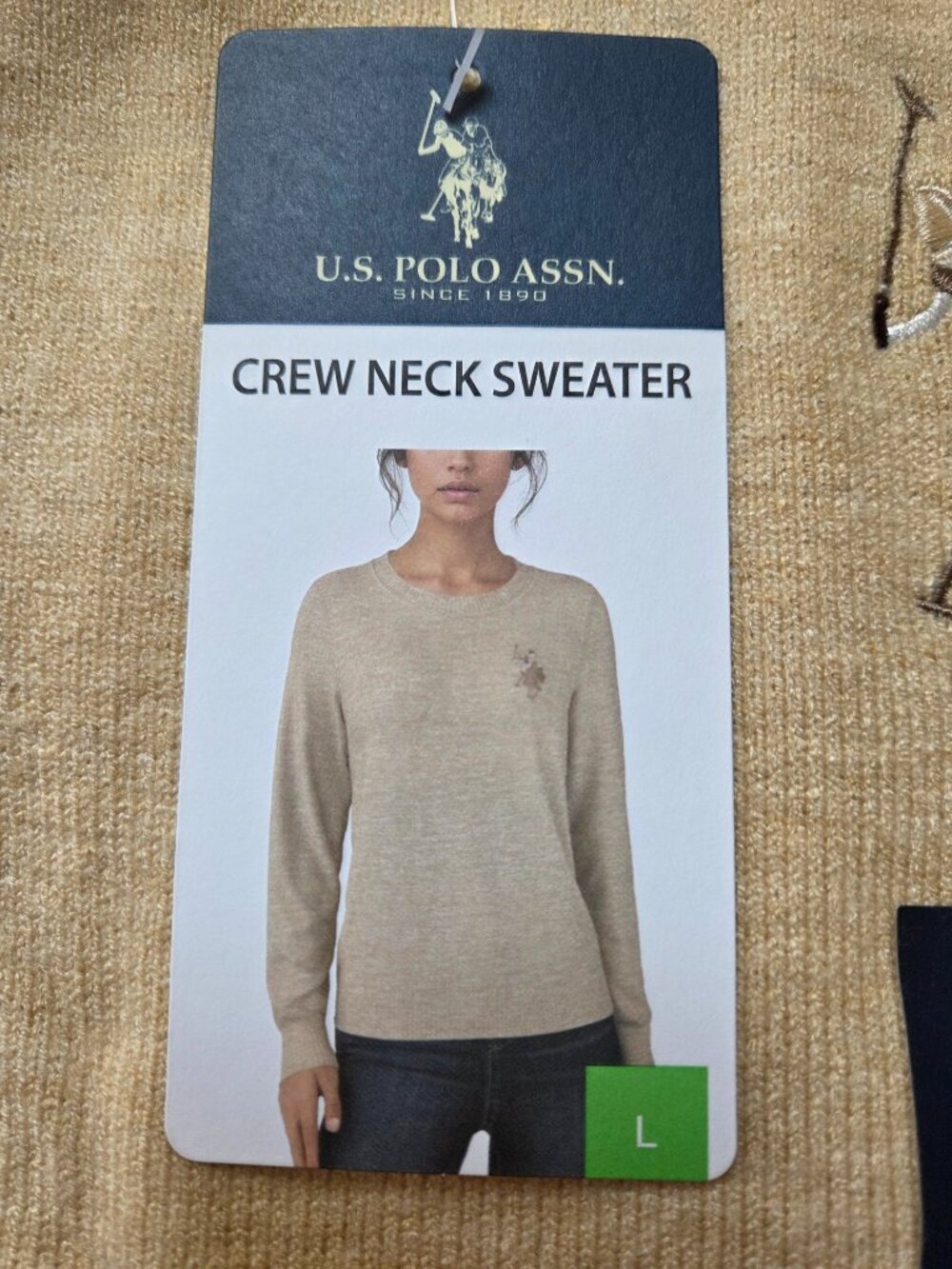U.S. Polo Assn. Crew Neck Sweater L Oatmeal Long Sleeve Logo Travel Outdoor Cozy